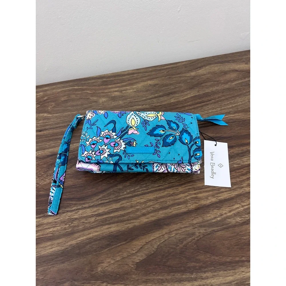 Vera Bradley RFID Smartphone Wristlet Java Navy Floral Blue Quilted Wallet NEW